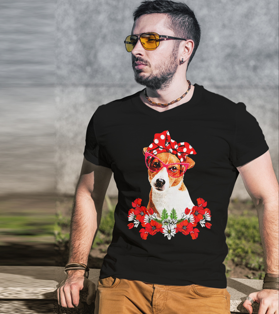 Jack Russell Dog Moms Red Polka Dot Bandana Glasses Mixed Flower Mothers T-Shirt