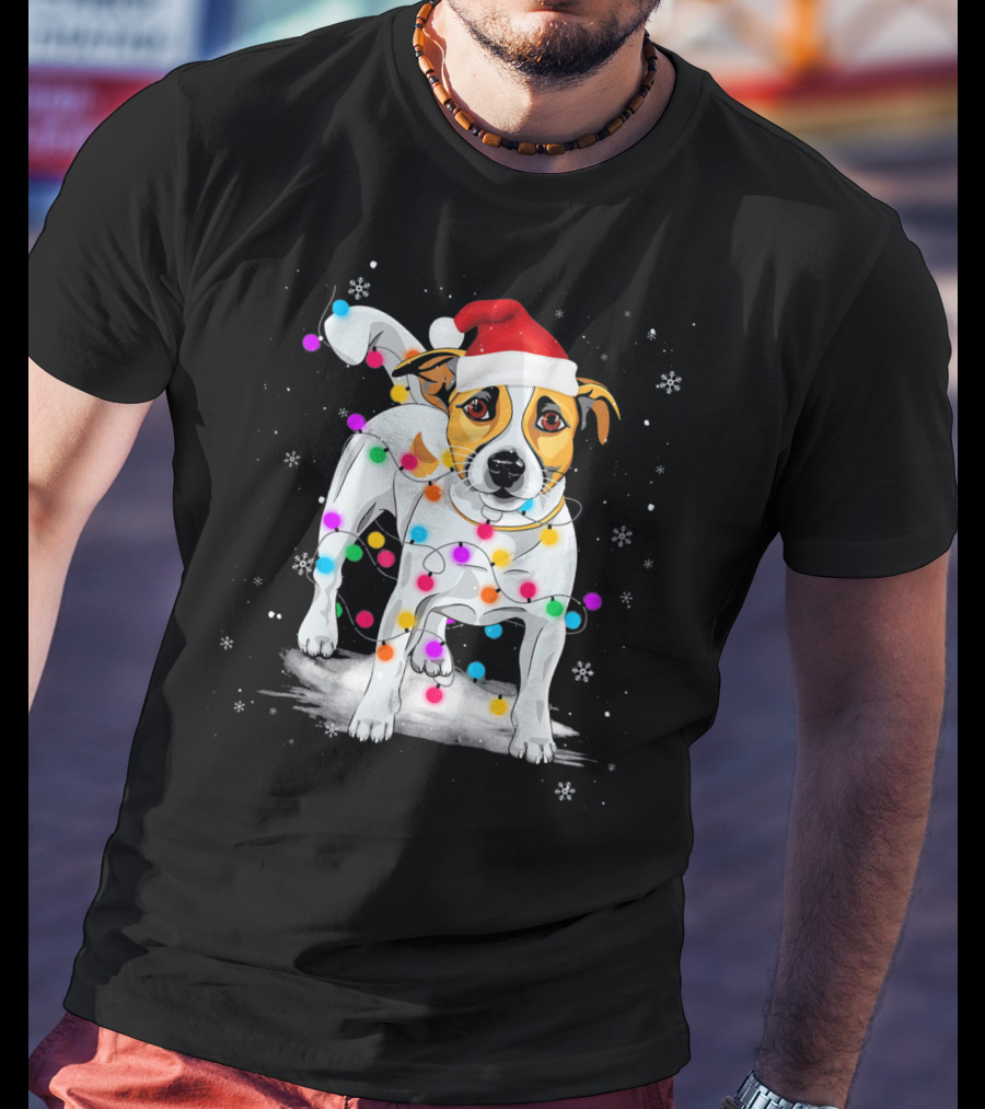 Jack Russell Terrier Santa Hat Wrapped In Christmas Lights Snowflakes T-Shirt