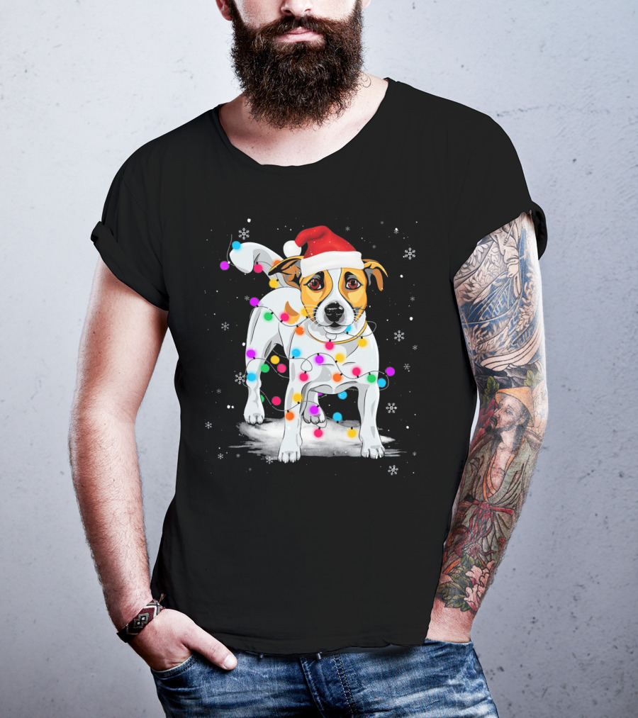 Jack Russell Terrier Santa Hat Wrapped In Christmas Lights Snowflakes T-Shirt