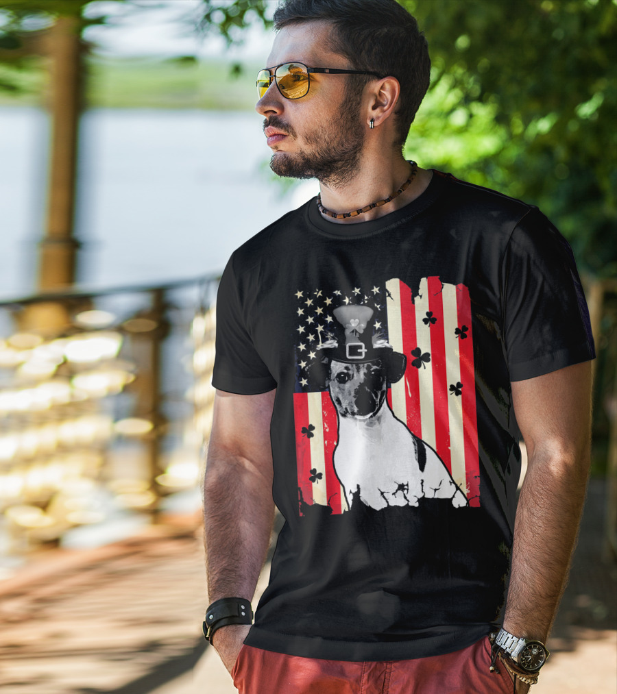 Jack Russell Terrier American Flag St Patricks Day With Shamrocks T-Shirt