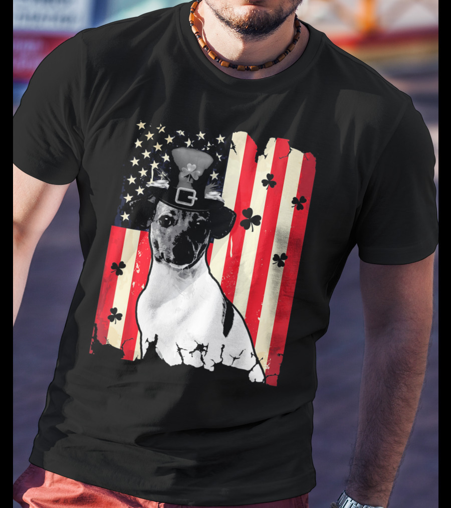 Jack Russell Terrier American Flag St Patricks Day With Shamrocks T-Shirt