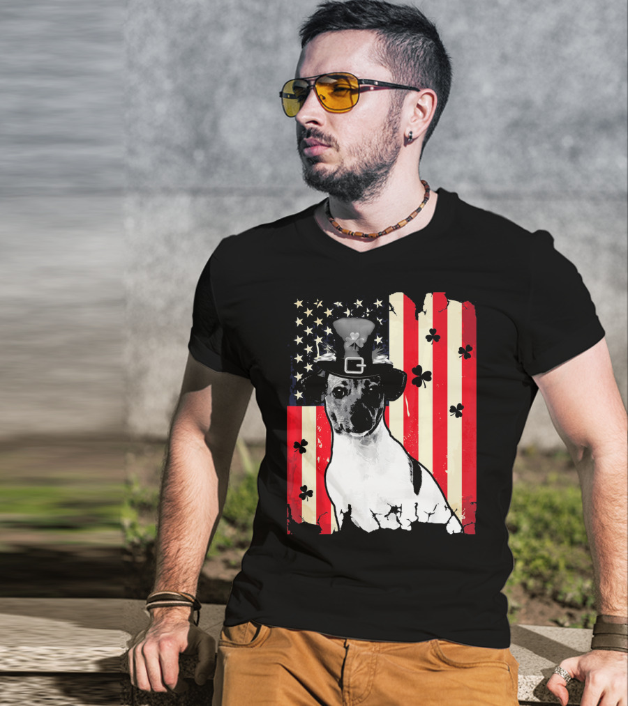 Jack Russell Terrier American Flag St Patricks Day With Shamrocks T-Shirt