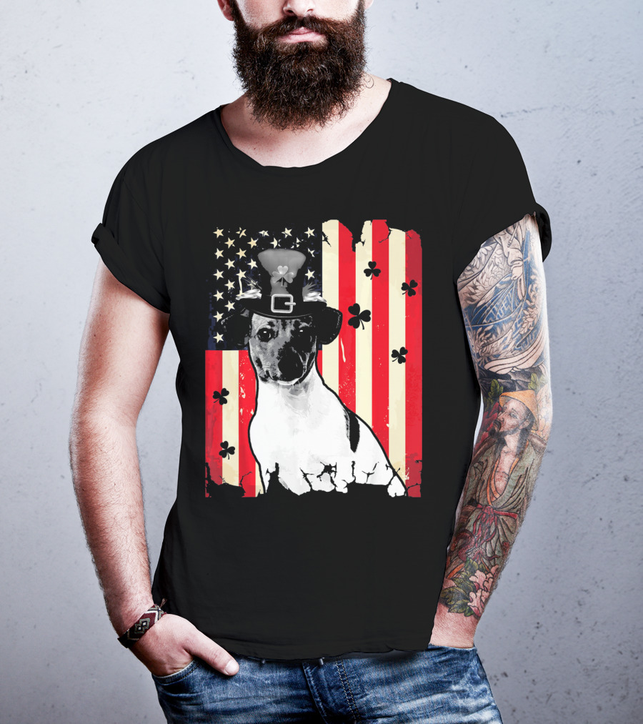 Jack Russell Terrier American Flag St Patricks Day With Shamrocks T-Shirt
