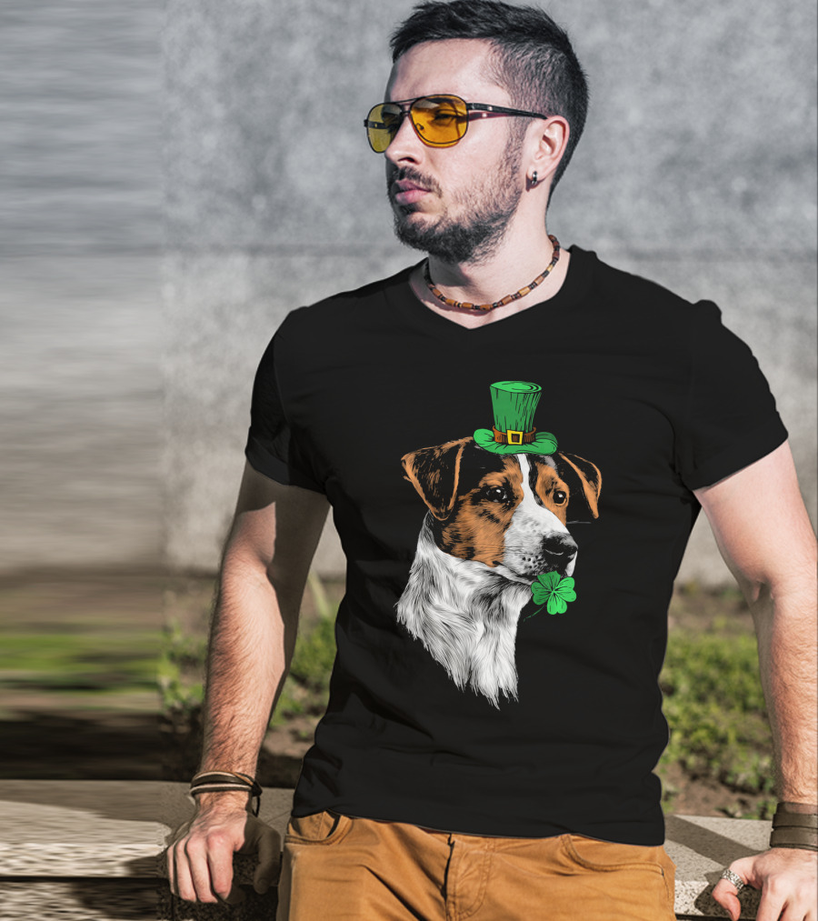 Jack Russell Terrier With Leprechaun Hat And Shamrock St Patrick's Day T-Shirt
