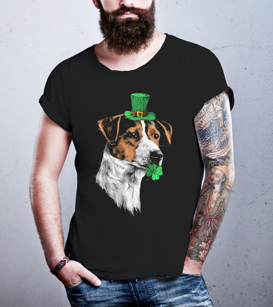 Jack Russell Terrier With Leprechaun Hat And Shamrock St Patrick's Day T-Shirt