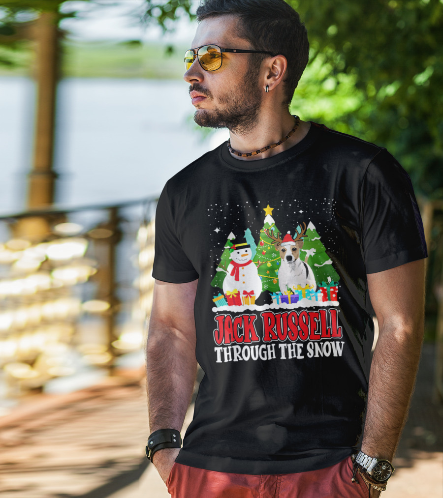 Jack Russell Through The Snow Christmas Reindeer Hat Snowman Trees Gifts T-Shirt