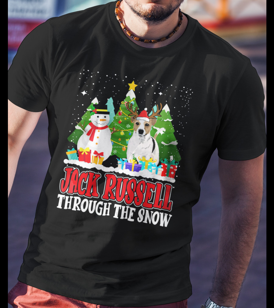 Jack Russell Through The Snow Christmas Reindeer Hat Snowman Trees Gifts T-Shirt