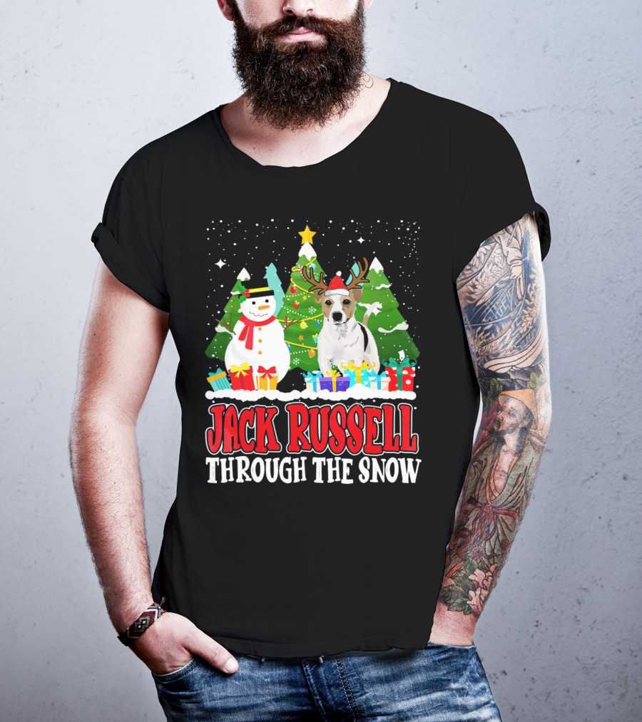 Jack Russell Through The Snow Christmas Reindeer Hat Snowman Trees Gifts T-Shirt
