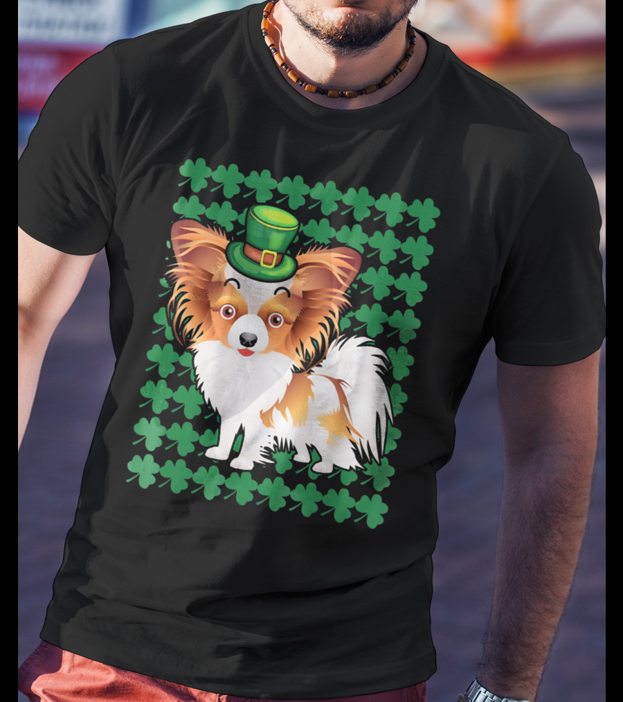 Papillon Dog In Leprechaun Hat Surrounded By Clover T-Shirt