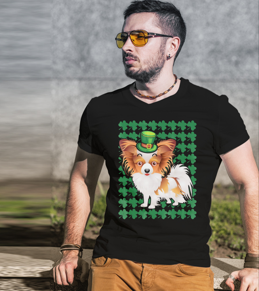 Papillon Dog In Leprechaun Hat Surrounded By Clover T-Shirt