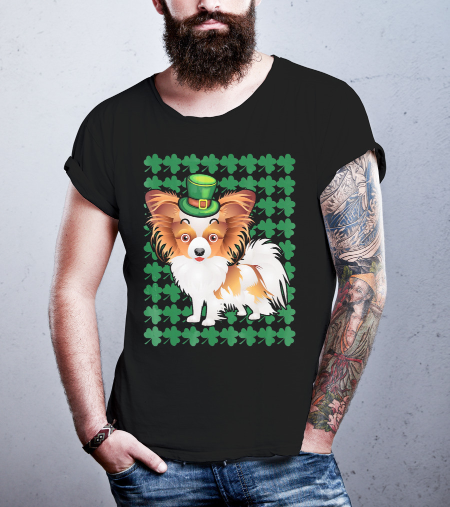 Papillon Dog In Leprechaun Hat Surrounded By Clover T-Shirt