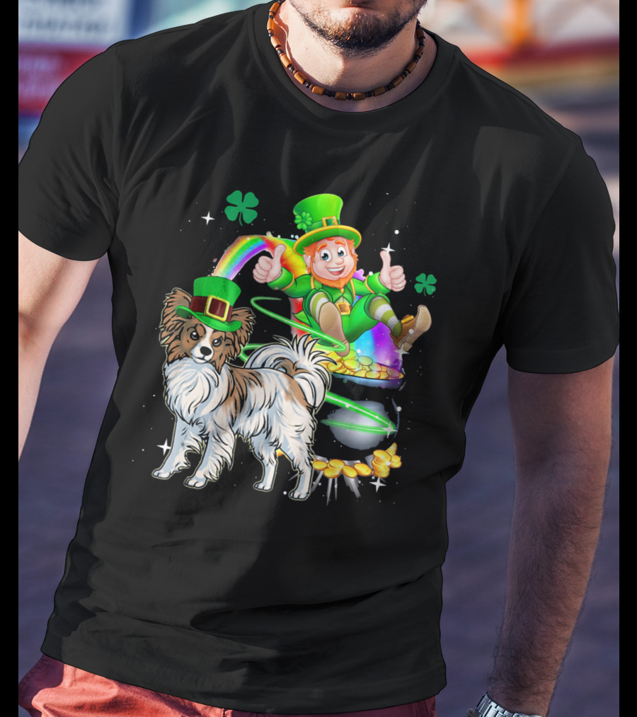 Leprechaun Papillon Clover Rainbow Gold Coins And Pot T-Shirt