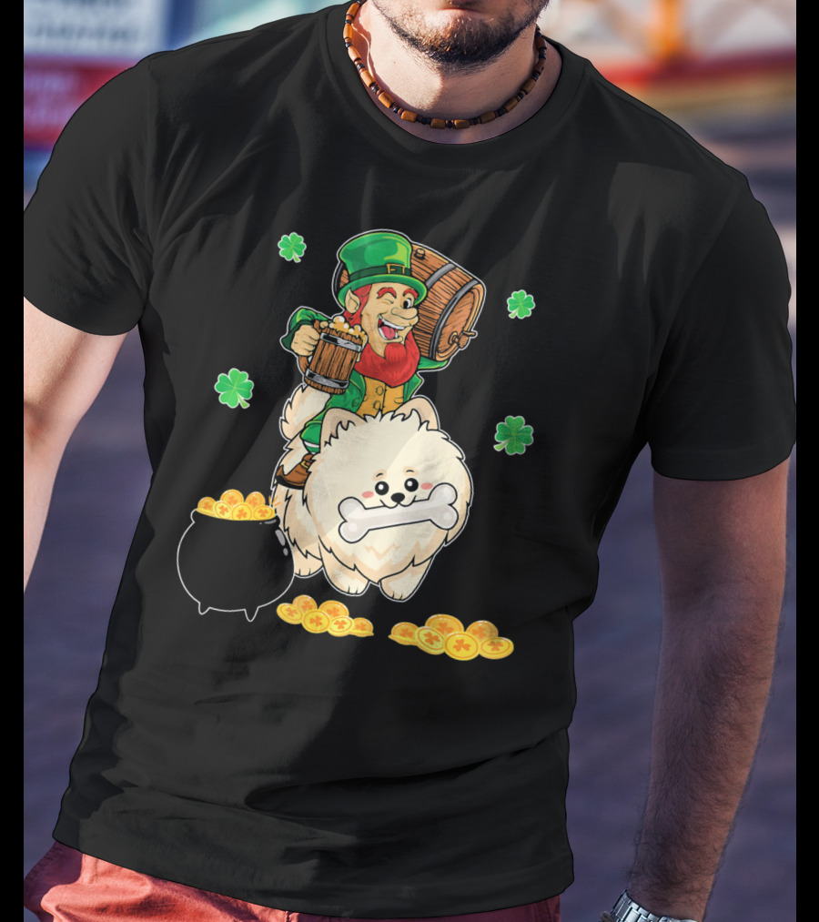 Leprechaun Rides Pomeranian With Beer And Gold Shamrocks T-Shirt