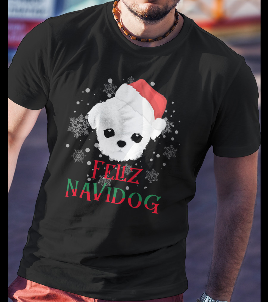 Feliz Navidog Maltese Dog Christmas Santa Hat Snowflakes T-Shirt