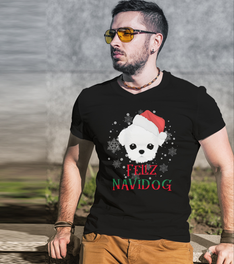 Feliz Navidog Maltese Dog Christmas Santa Hat Snowflakes T-Shirt
