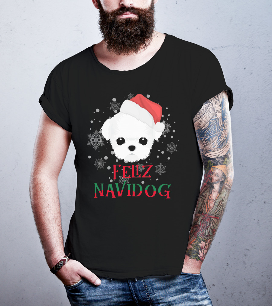 Feliz Navidog Maltese Dog Christmas Santa Hat Snowflakes T-Shirt