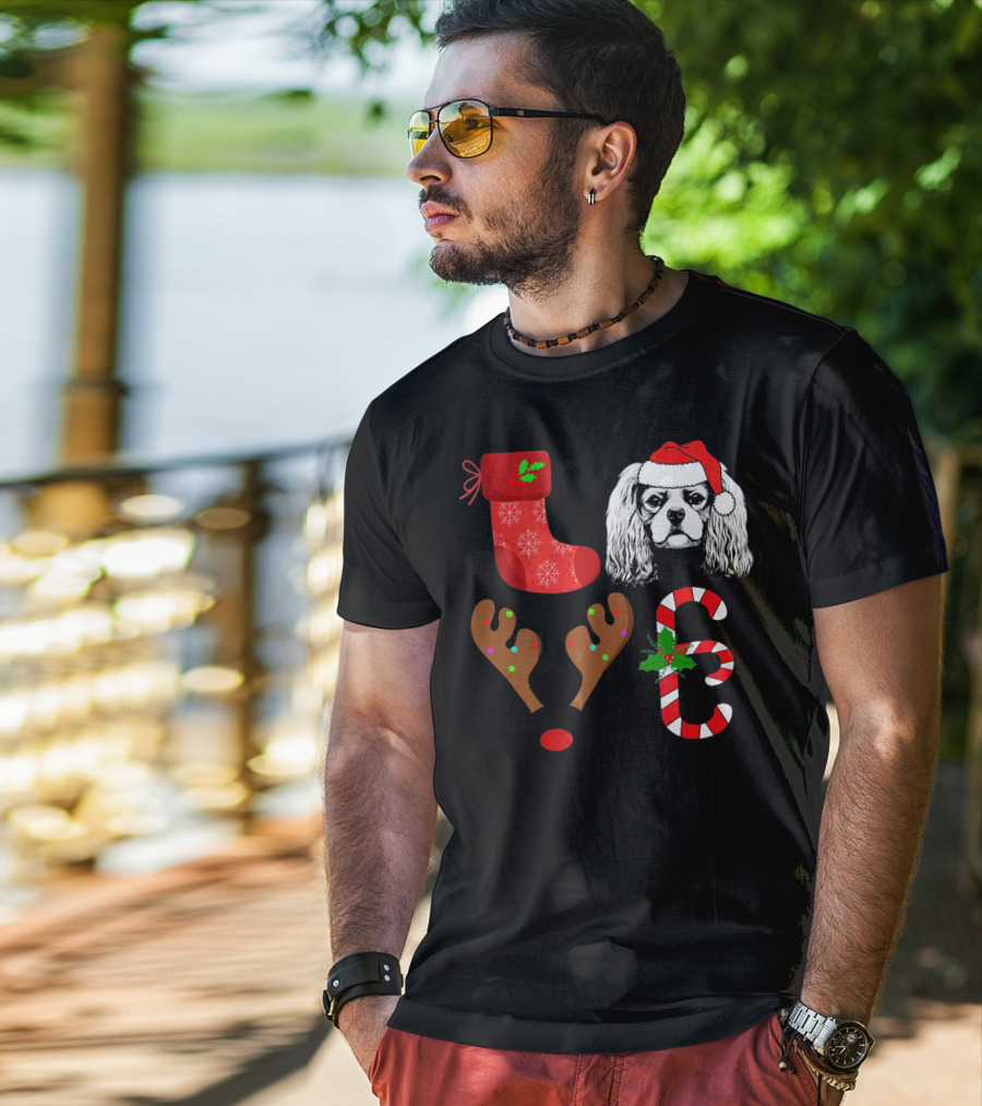 Love Cavalier King Charles Spaniel Santa Reindeer Candy Cane Stocking T-Shirt