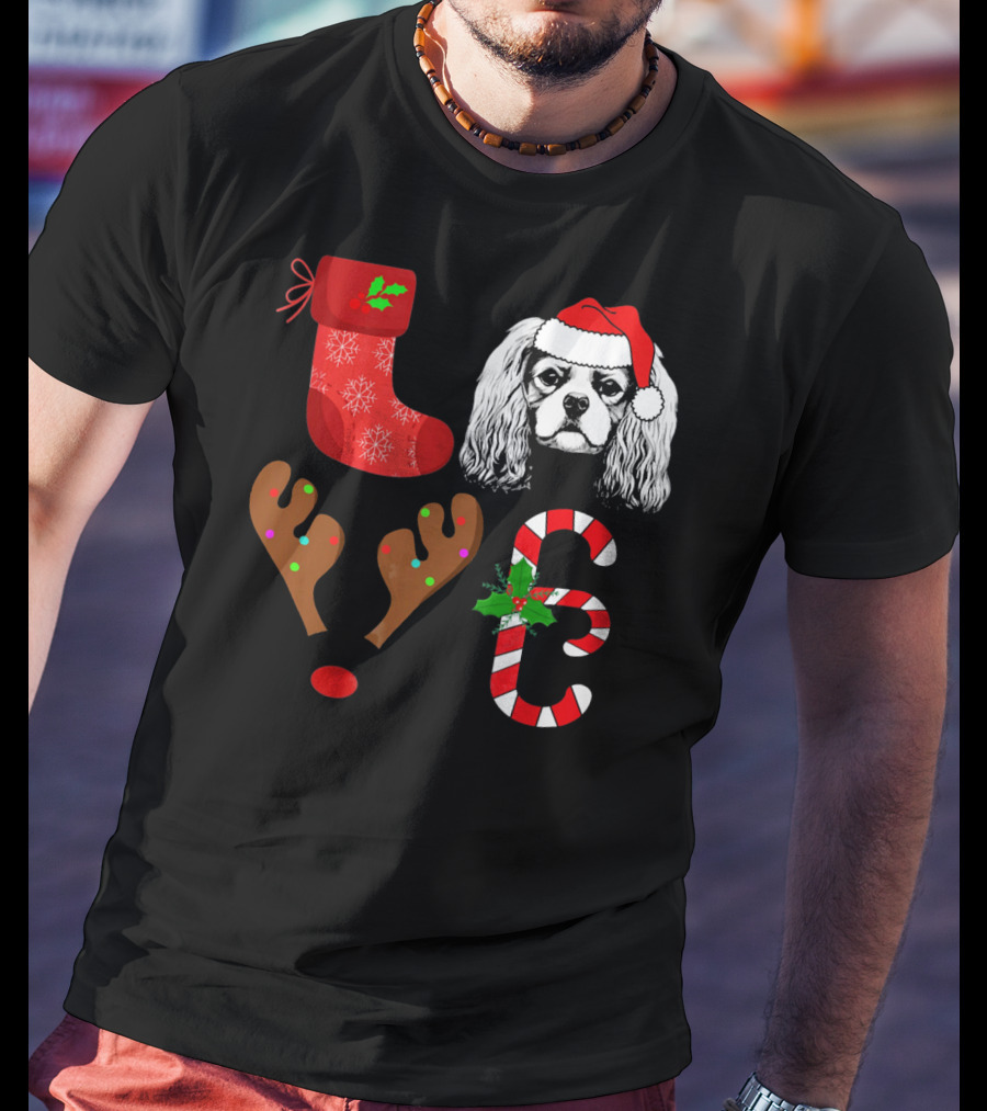 Love Cavalier King Charles Spaniel Santa Reindeer Candy Cane Stocking T-Shirt