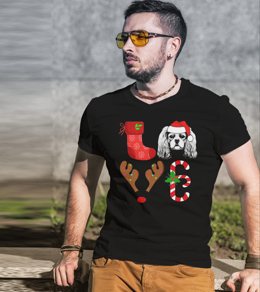 Love Cavalier King Charles Spaniel Santa Reindeer Candy Cane Stocking T-Shirt