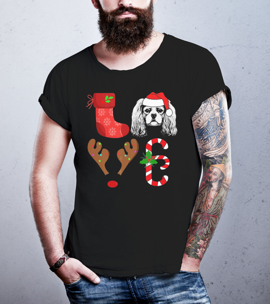 Love Cavalier King Charles Spaniel Santa Reindeer Candy Cane Stocking T-Shirt