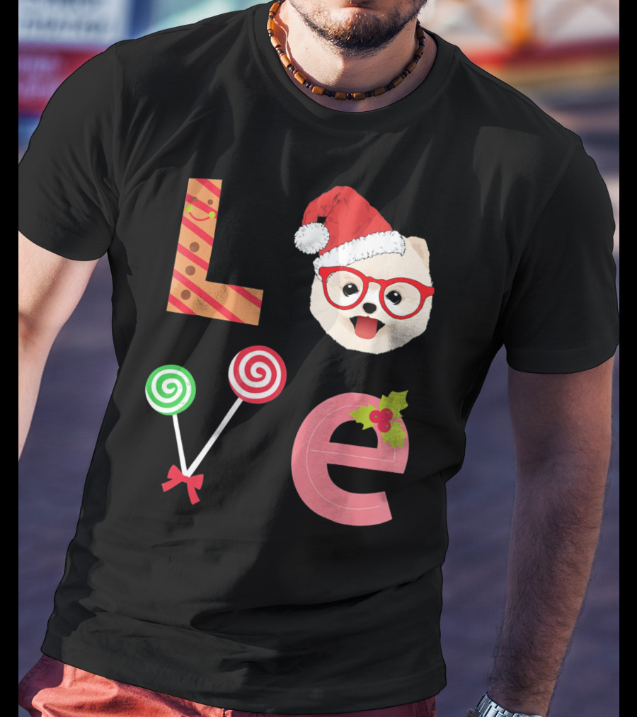 Love Pomeranian Santa Christmas Dog Candy Cane Glasses T-Shirt