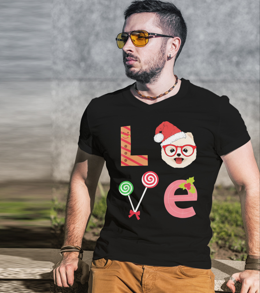 Love Pomeranian Santa Christmas Dog Candy Cane Glasses T-Shirt