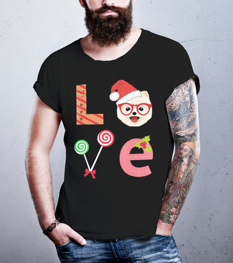 Love Pomeranian Santa Christmas Dog Candy Cane Glasses T-Shirt