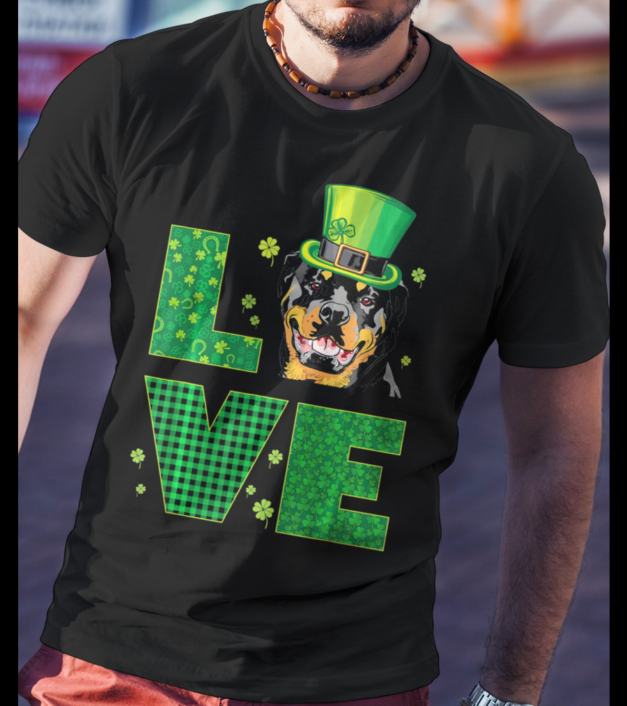 Love Rottweiler St. Patrick's Day Hat Green Shamrock Leaf T-Shirt