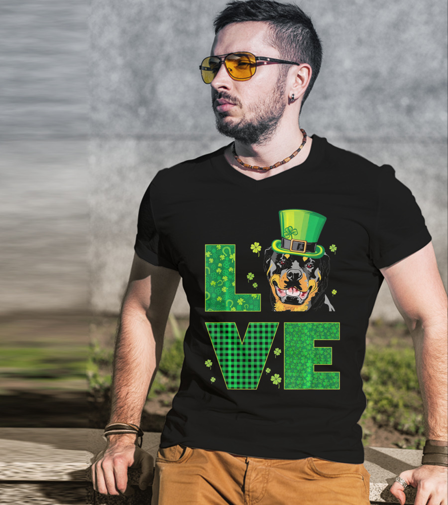 Love Rottweiler St. Patrick's Day Hat Green Shamrock Leaf T-Shirt