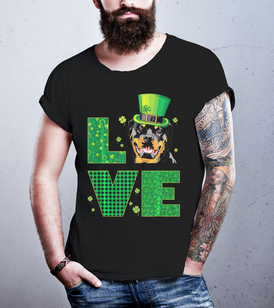 Love Rottweiler St. Patrick's Day Hat Green Shamrock Leaf T-Shirt