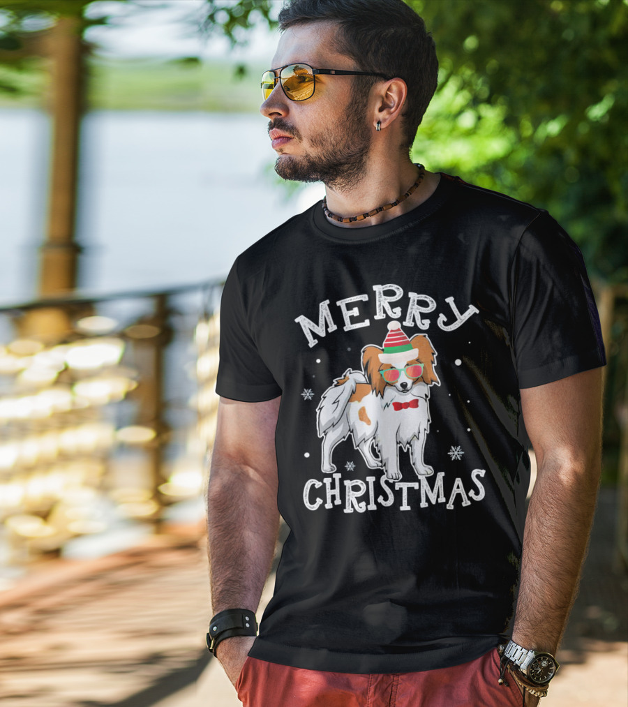 Merry Christmas Papillon Noel Hat Bowtie Snowflakes T-Shirt