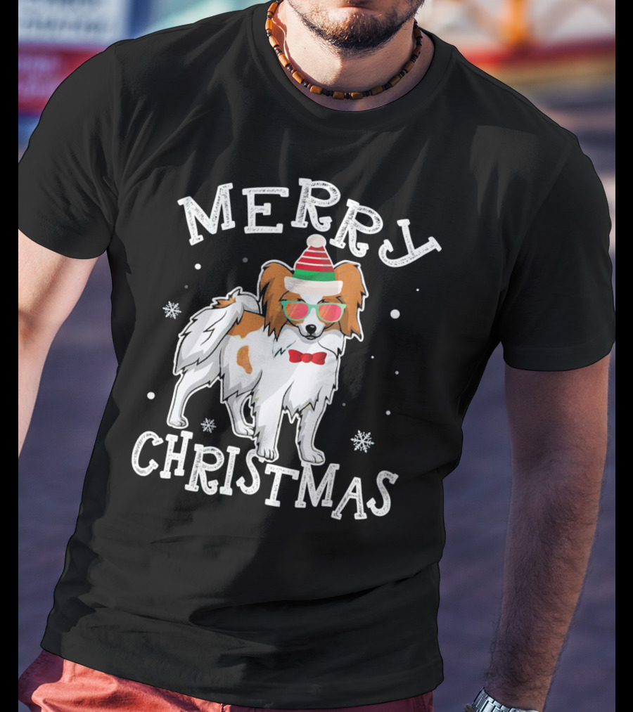 Merry Christmas Papillon Noel Hat Bowtie Snowflakes T-Shirt