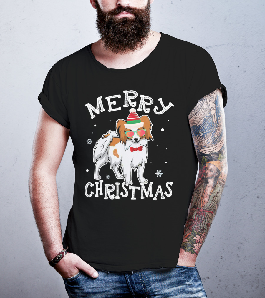Merry Christmas Papillon Noel Hat Bowtie Snowflakes T-Shirt