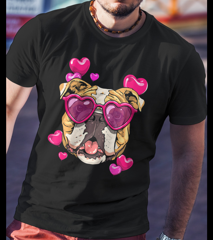 American Bulldog Heart Sunglasses Pink Hearts Valentine's Day T-Shirt