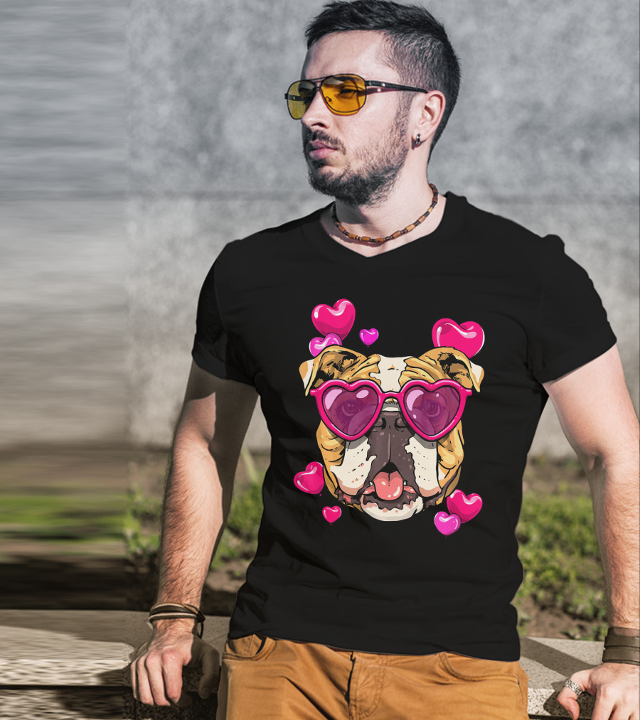 American Bulldog Heart Sunglasses Pink Hearts Valentine's Day T-Shirt