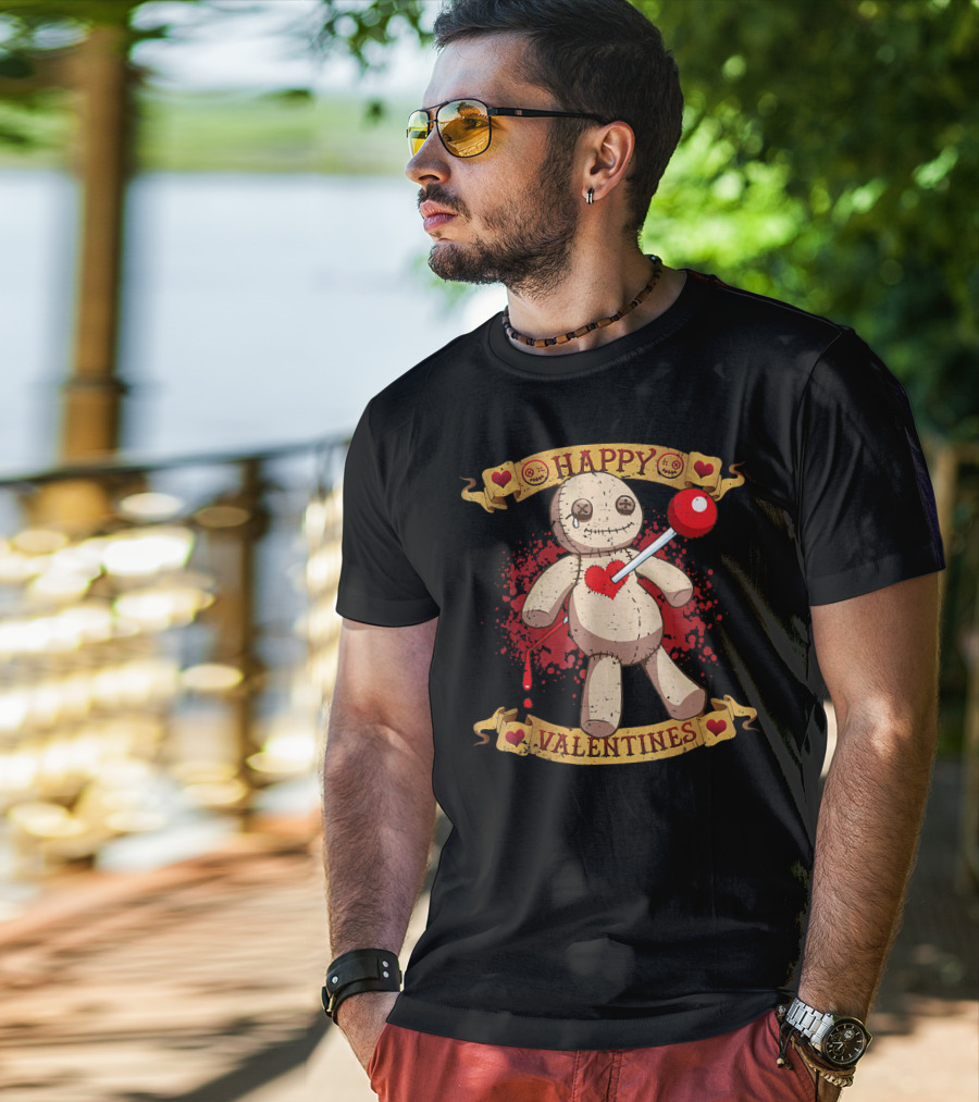 Happy Valentines Voodoo Doll With Heart And Lollipop Stabbing T-Shirt