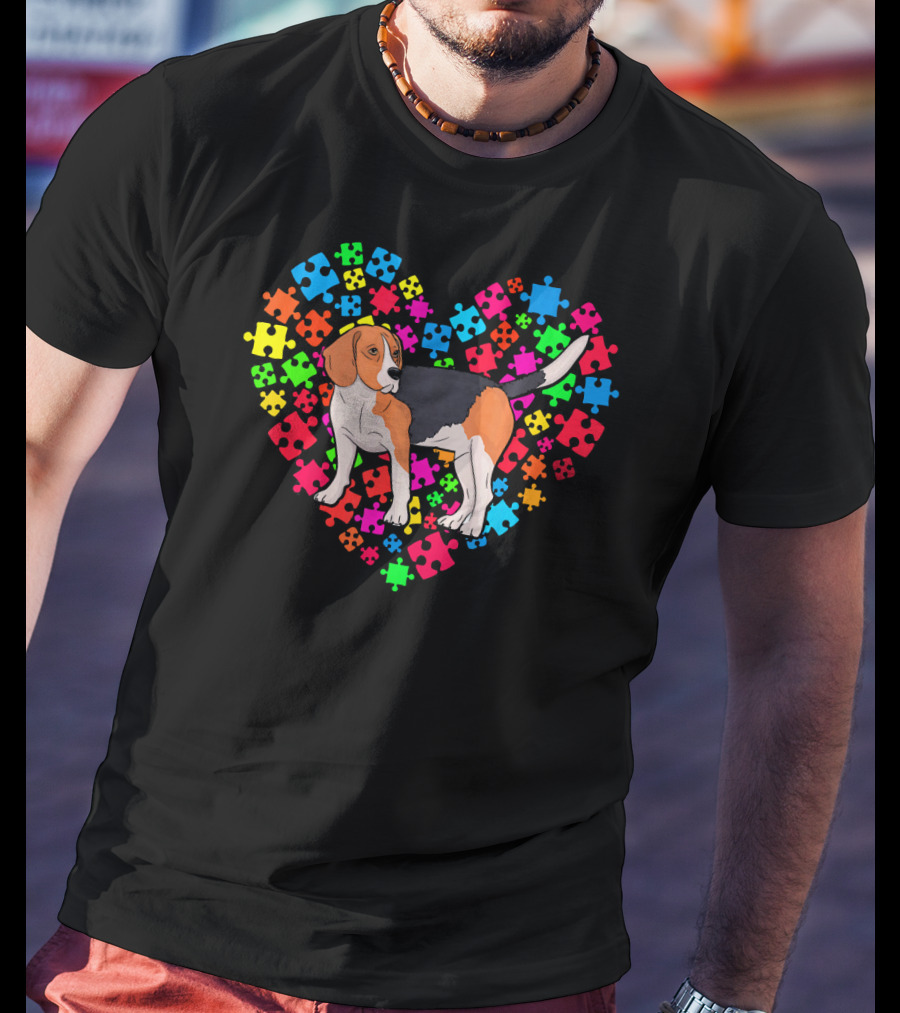 Autism Awareness Beagle Dog Colorful Puzzle Heart T-Shirt