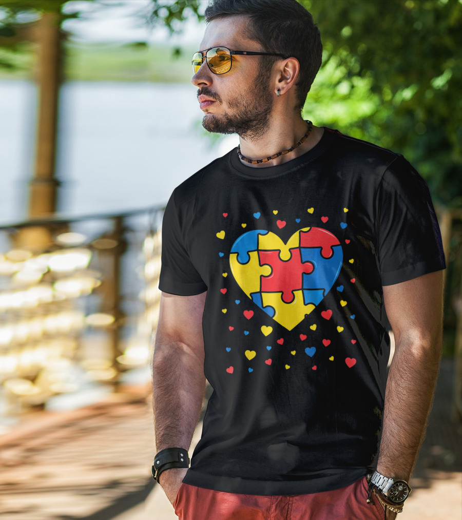 Autism Awareness Heart Puzzle Valentines Day Multicolor Love T-Shirt