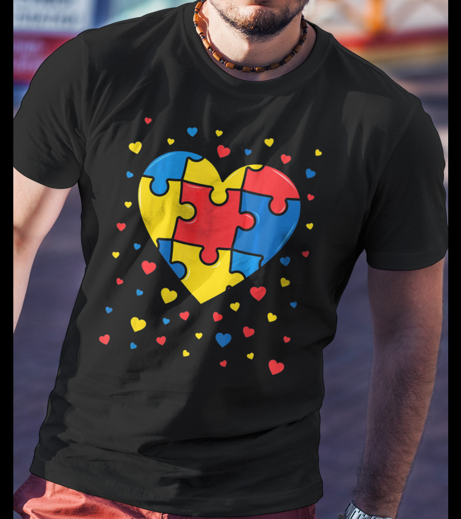 Autism Awareness Heart Puzzle Valentines Day Multicolor Love T-Shirt