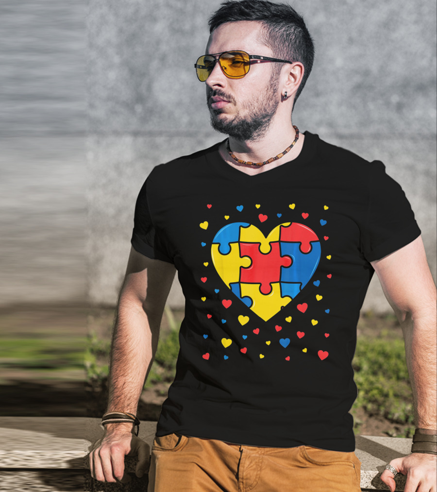 Autism Awareness Heart Puzzle Valentines Day Multicolor Love T-Shirt