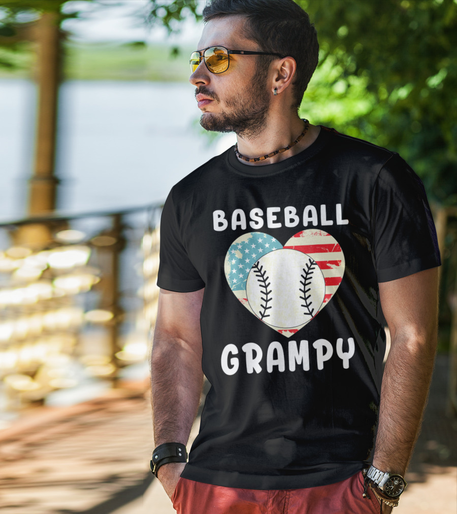 Baseball Grampy Heart With American Flag Love T-Shirt