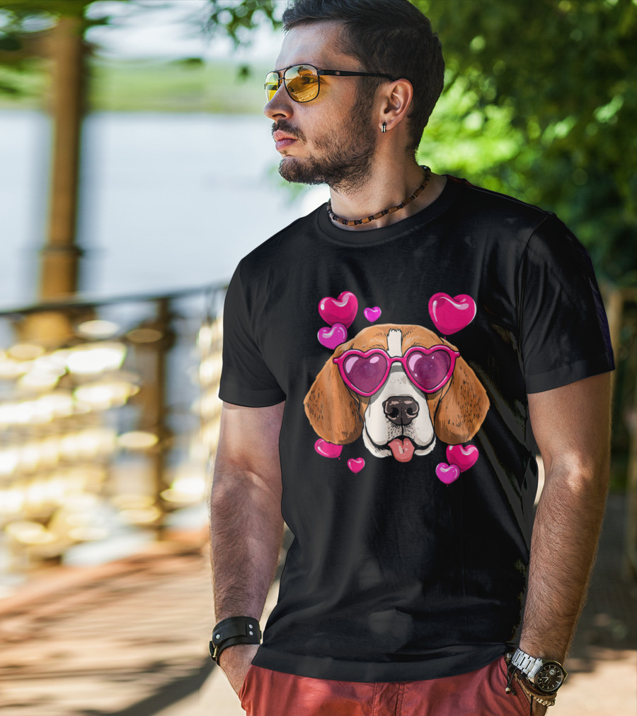 Beagle With Heart Sunglasses Surrounded By Pink Hearts Valentines Day Dog T-Shirt