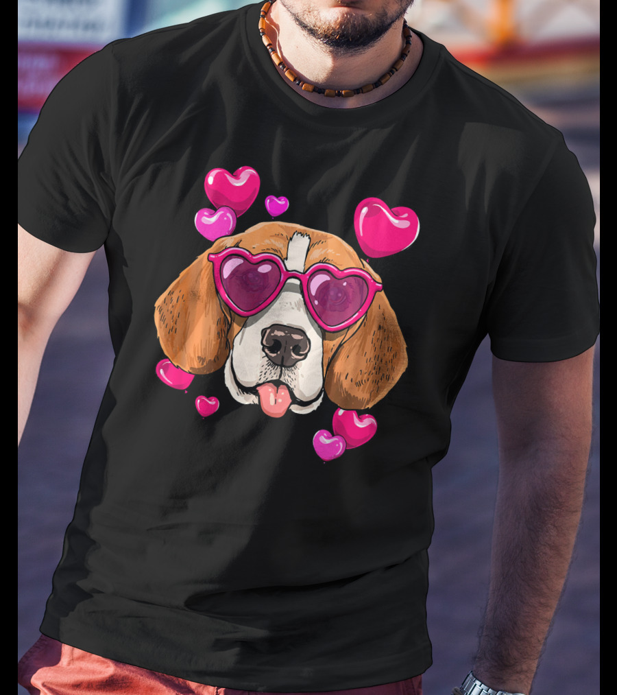 Beagle With Heart Sunglasses Surrounded By Pink Hearts Valentines Day Dog T-Shirt