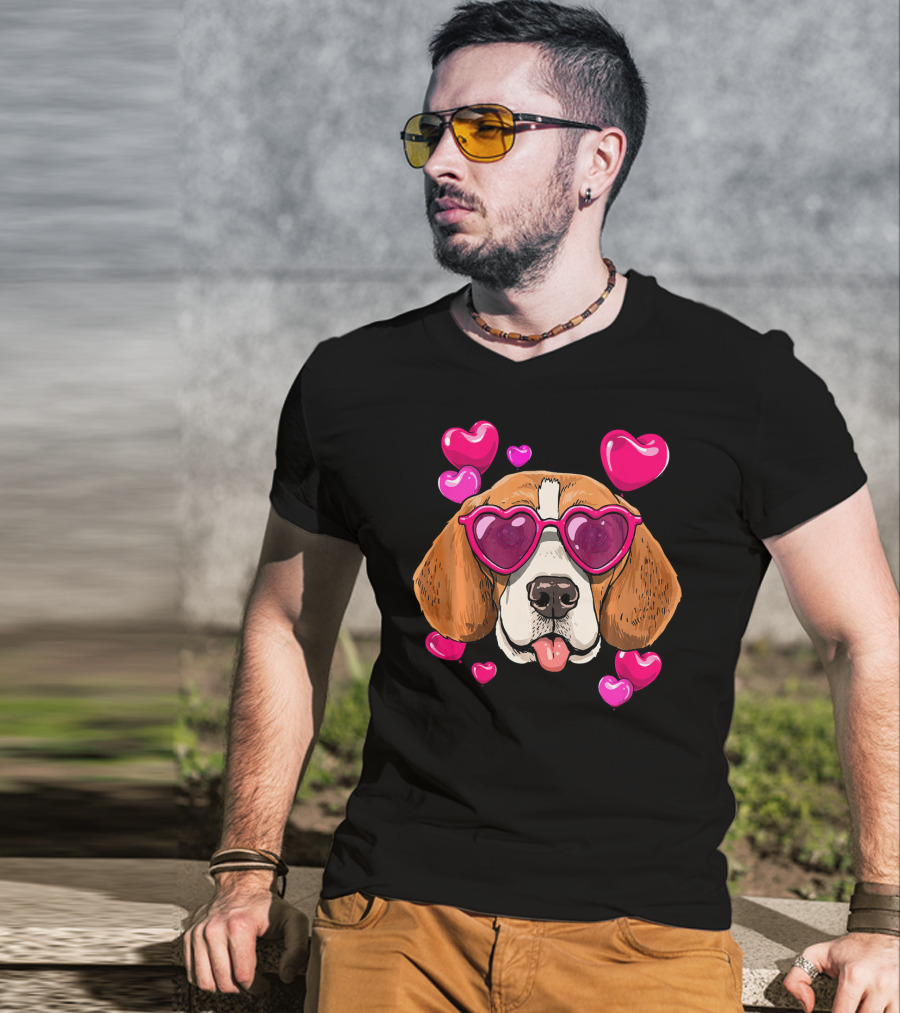 Beagle With Heart Sunglasses Surrounded By Pink Hearts Valentines Day Dog T-Shirt
