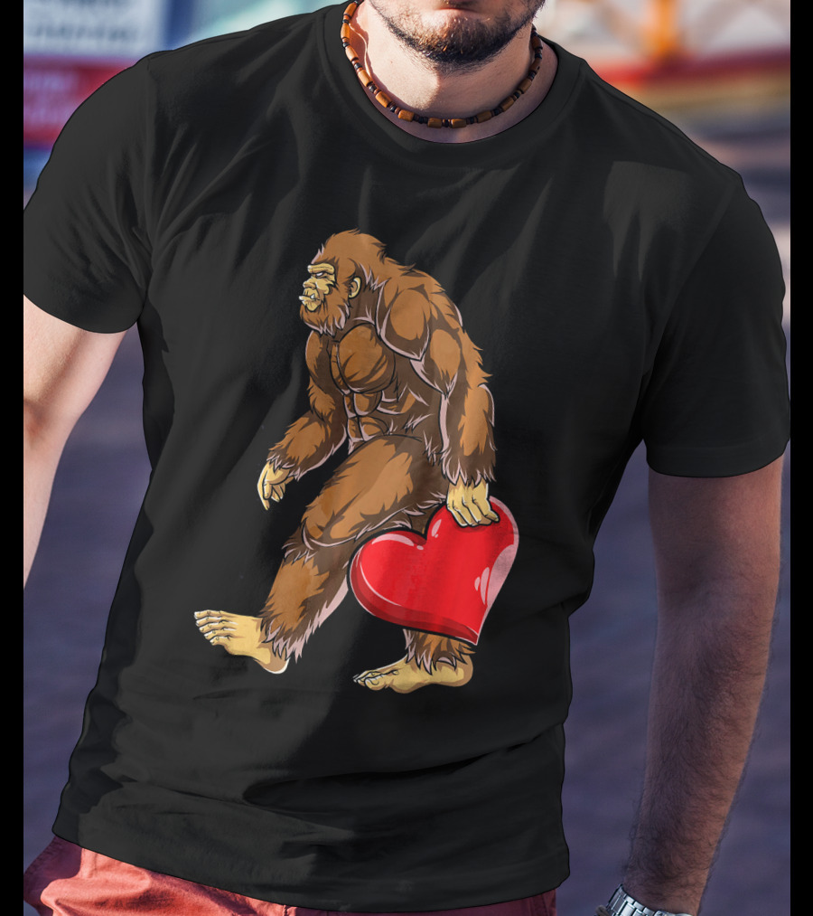 Bigfoot Carrying Heart Funny Valentine's Day T-Shirt