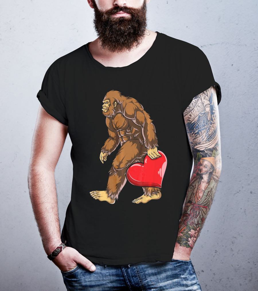 Bigfoot Carrying Heart Funny Valentine's Day T-Shirt