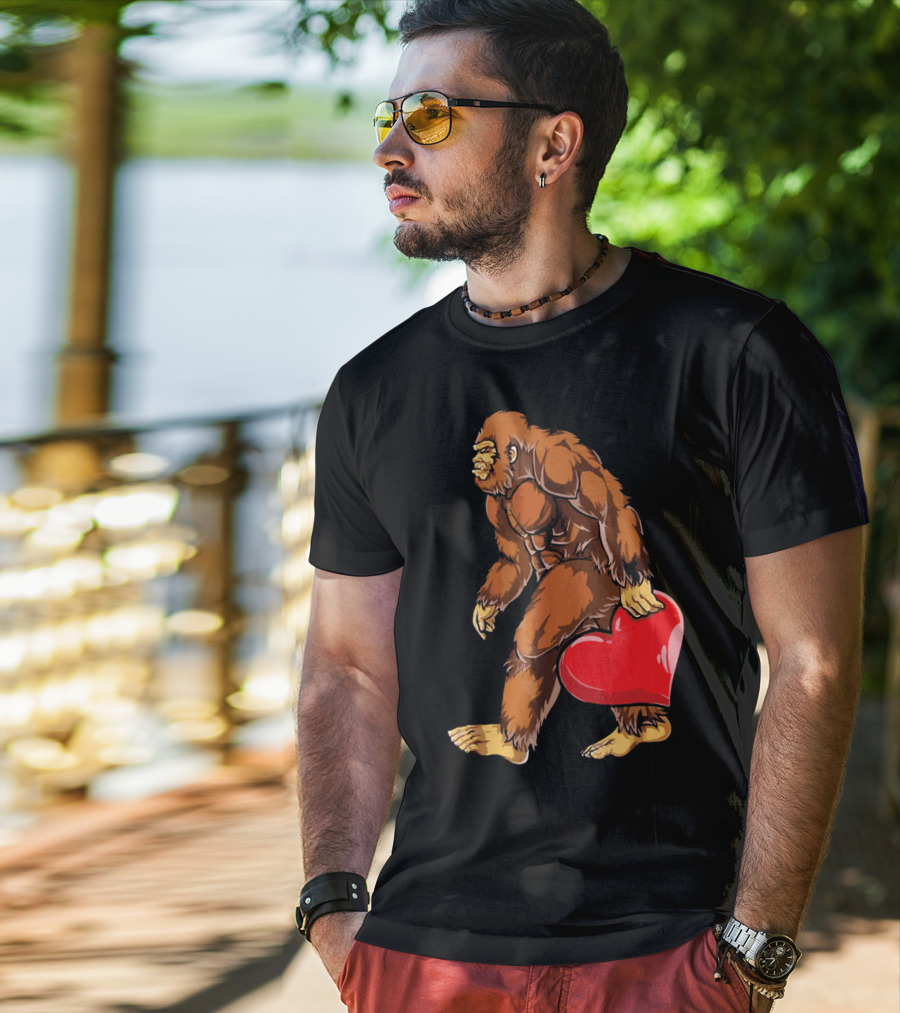 Bigfoot Holding A Red Heart For Funny Valentine's Day T-Shirt