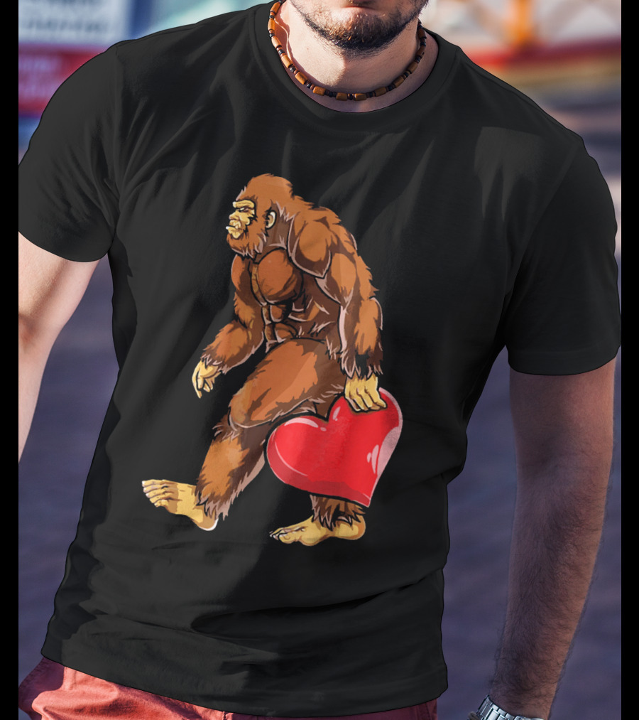 Bigfoot Holding A Red Heart For Funny Valentine's Day T-Shirt