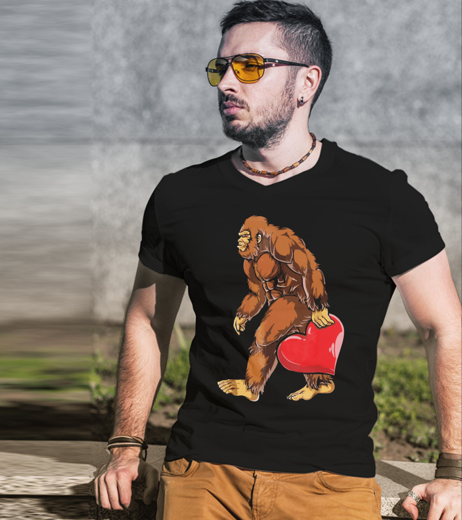 Bigfoot Holding A Red Heart For Funny Valentine's Day T-Shirt