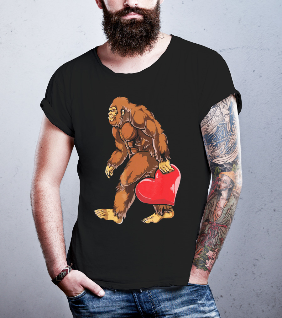 Bigfoot Holding A Red Heart For Funny Valentine's Day T-Shirt